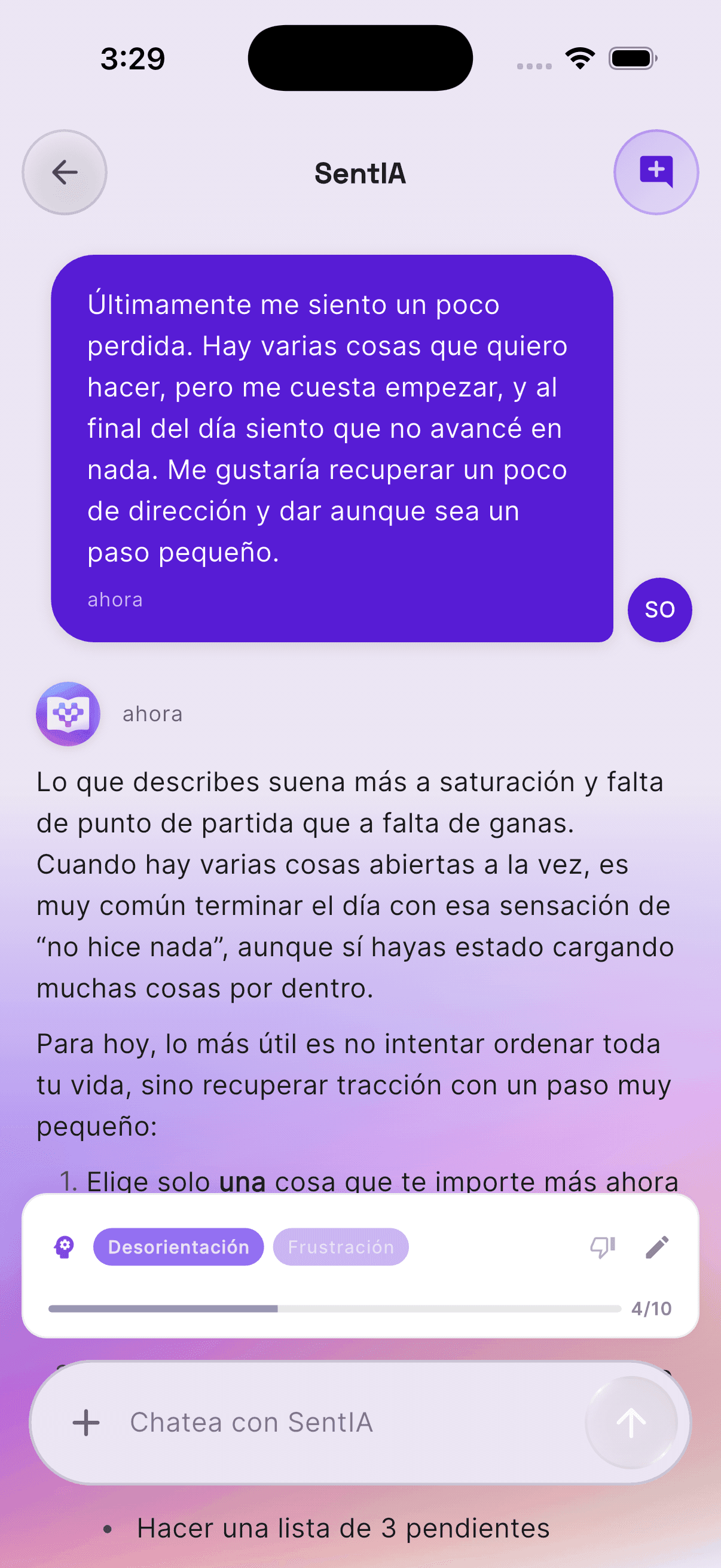 Conversación de chat con SentIA