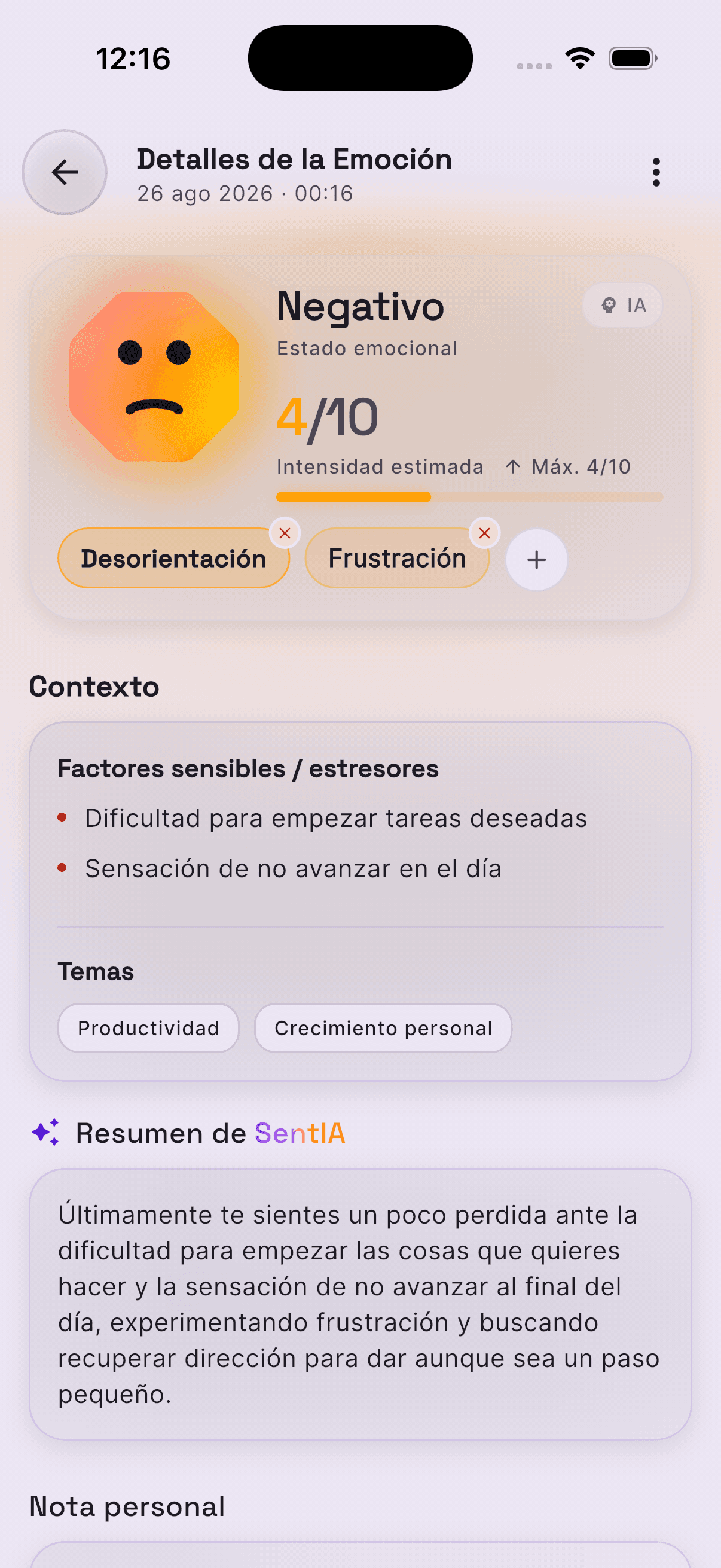 Detalle de una emoción registrada en SentIA