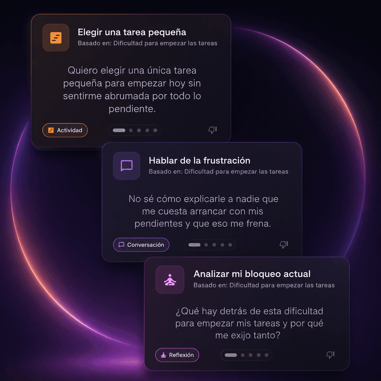 Tarjetas de sugerencias inteligentes de SentIA: actividad, conversación y reflexión